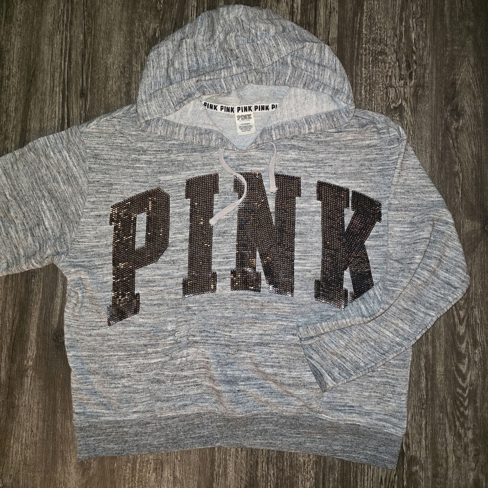 Victoria's Secret PINK Gray Hoodie with Silver Sequin Logo sz L